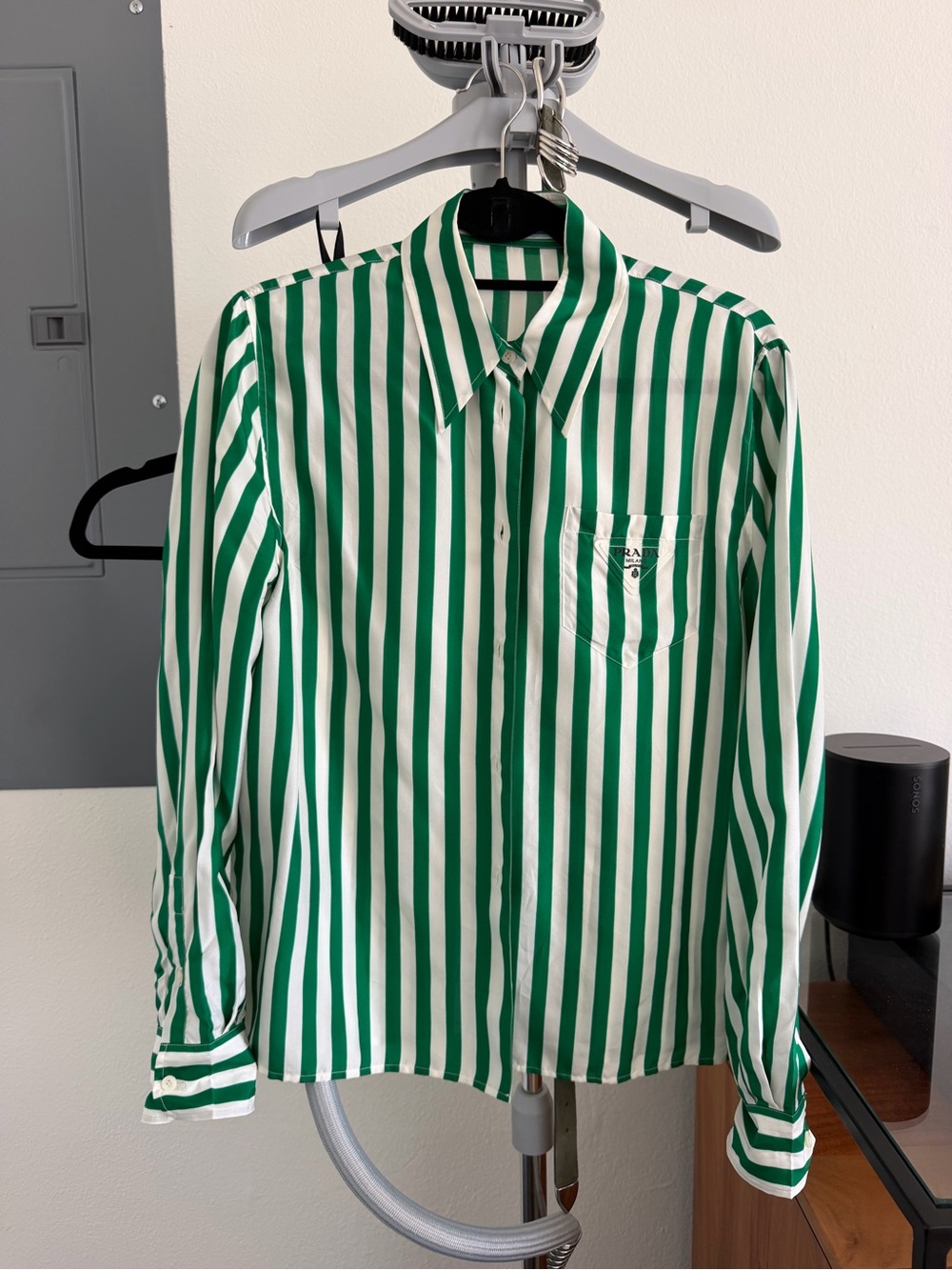 Prada Green and White Vertical Stripe Silk Button-Down Shirt